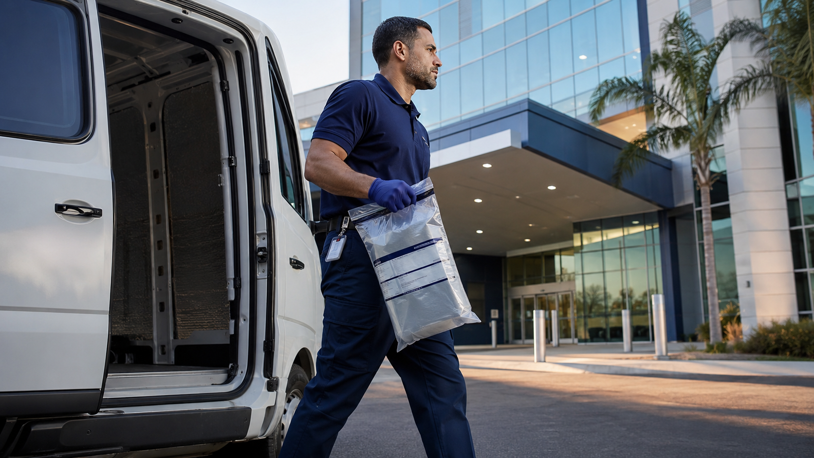 Medical courier collecting a secure specimen package outside a healthcare facility
