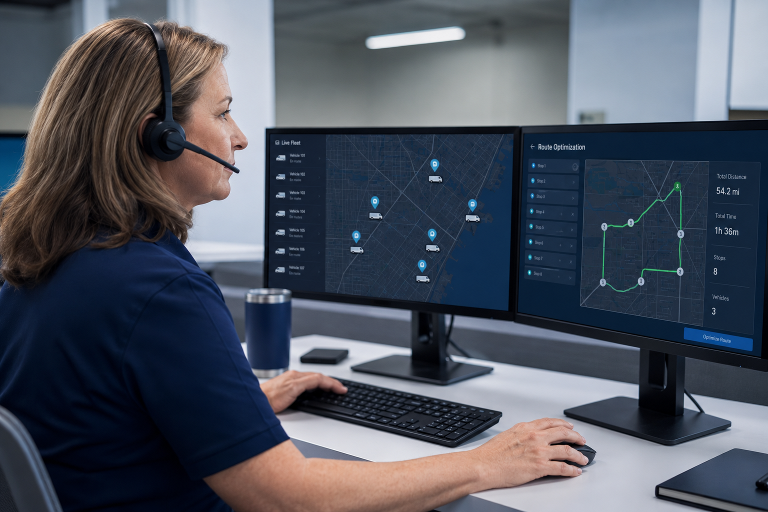 Dispatcher monitoring live fleet routing screens